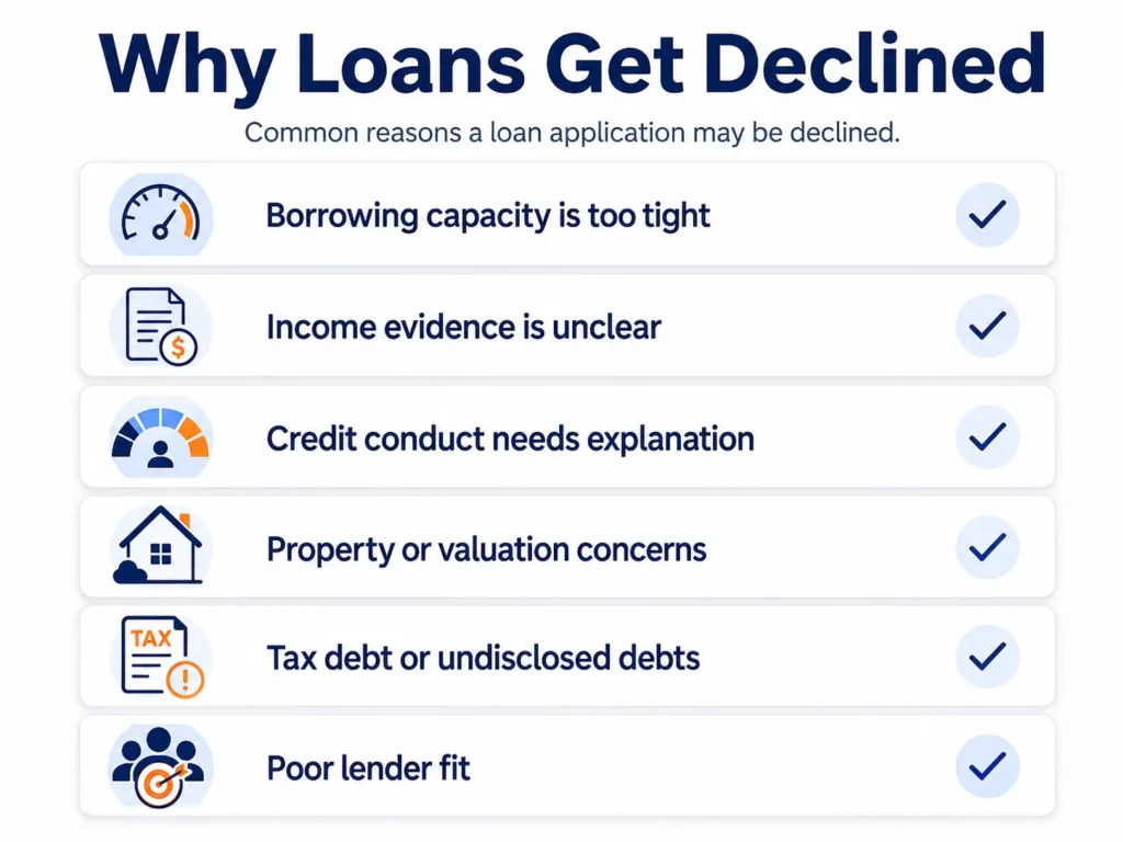 Checklist showing common reasons home loan and finance applications are declined